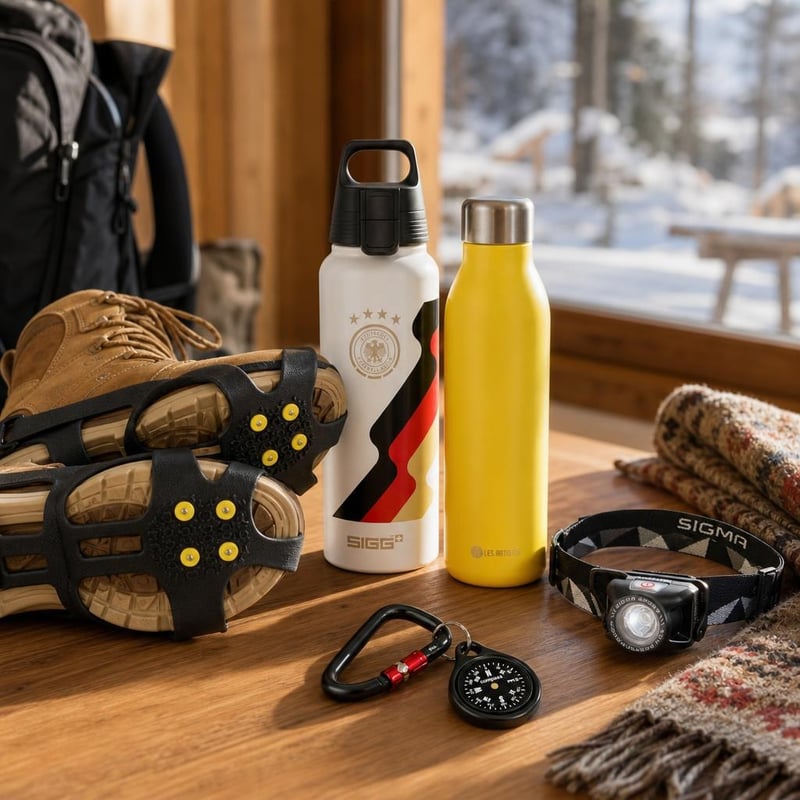 Pachet Aventură Montană: colțari + bidon 1L + termos 500ml + lanternă frontală + busolă + 2 carabiniere