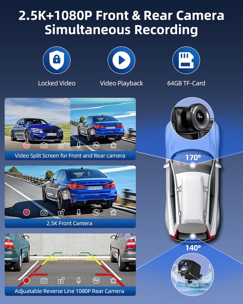 Jansite 10,26" Vezeték Nélküli CarPlay Android Autós Kijelző 2.5K Fedélzeti Kamerával, Tolatókamerával, Bluetooth, Mirror Link, 64GB TF Kárt