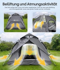 DEWUR 3-4 személyes vízálló pop-up sátor UV védelemmel kempinghez - Dark grey/4 people 4
