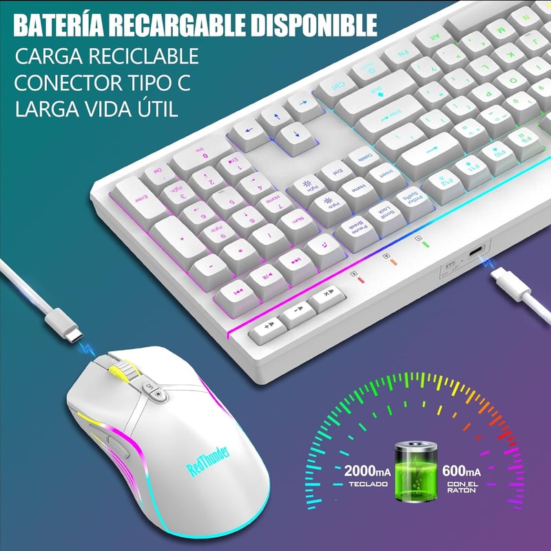 RedThunder K20 Vezeték Nélküli Billentyűzet és Egér Szett - Tölthető, RGB Háttérvilágítás, Multimédia Funkciógombok, 4800 DPI Egér, PC/Mac K