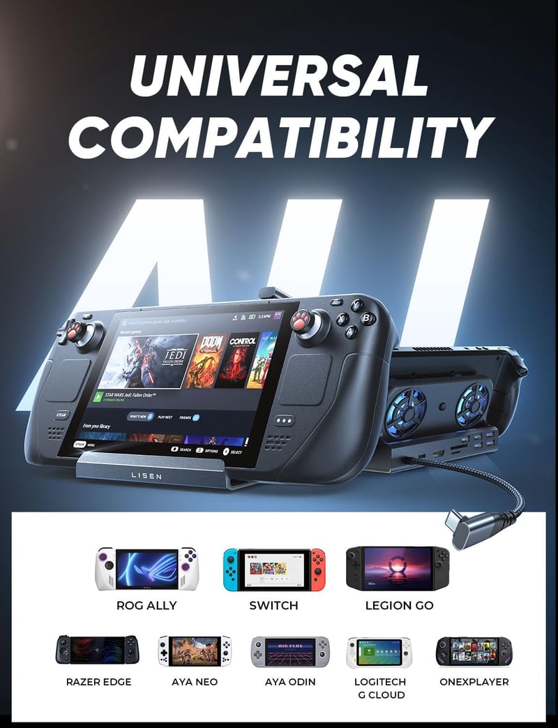 LISEN 13-in-1 Dokkoló Steam Deck/Legion Go/ROG Ally/MSI Claw Konzolokhoz - Kettős Hűtőventilátorral, 4K HDMI, 5 USB Port, Gigabit Ethernet, 