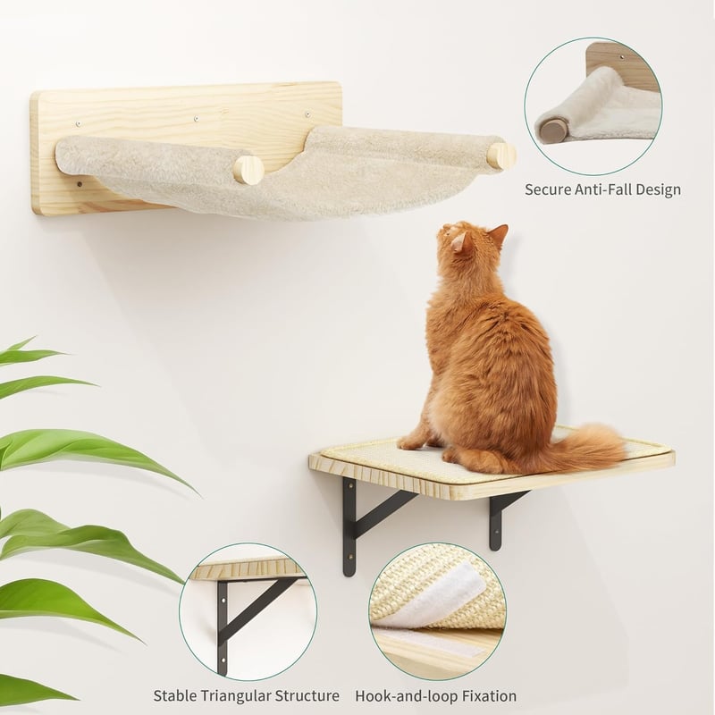 BootyBay 7 részes fali macskabútor fából - Mászófa 3 kaparófával, 4 lépcsővel, macskahintóval és fekhellyel, 4 platformos falra szerelhető m - 7 PCS