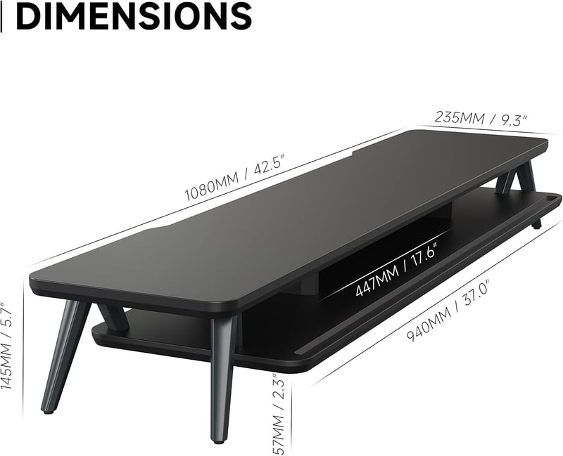 Fenge Dupla Monitortartó Állvány Telefon/Tablet Tartóval, 2 Szintes Nagy Multifunkciós Számítógép Laptop Képernyőemelő, 108x23,5x14,5 cm, Fe