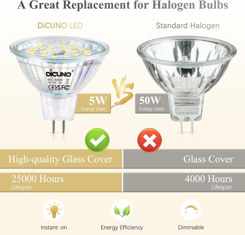 DiCUNO GU5.3 LED Izzó, Dimmelhető MR16 Spotlámpak, 5W (50W Halogén Helyett), 6000K Hideg Fehér, 500LM, 120° Szórási Szög, Energiatakarékos, 