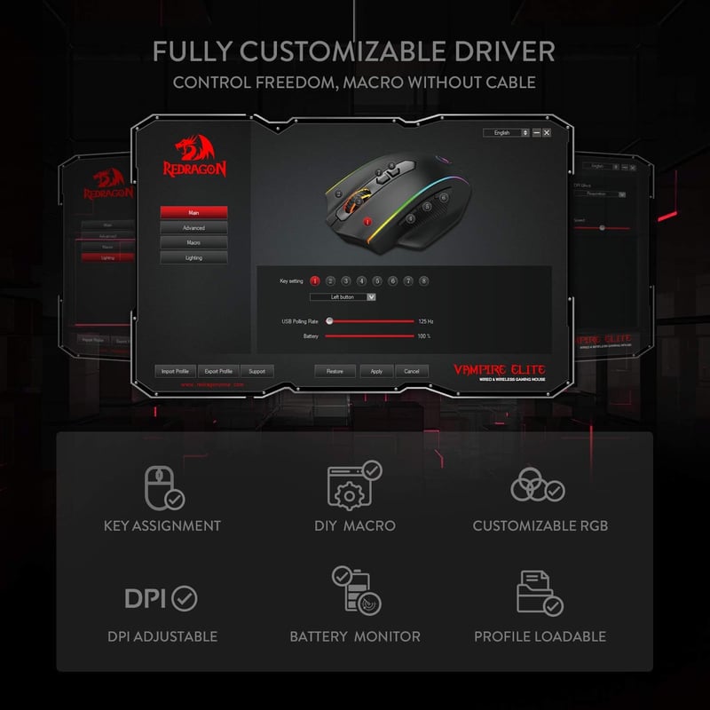 Redragon M686 Vampire Elite vezeték nélküli gamer egér, 16000 DPI, 45 órás üzemidő, programozható makrók, RGB háttérvilágítás, PC/laptop kom