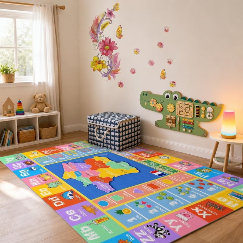Rozprávková detská izba: 1x nálepka + 1x RGB lampa + 1x úložný box + 1x abecedný koberec + 1x aktivita