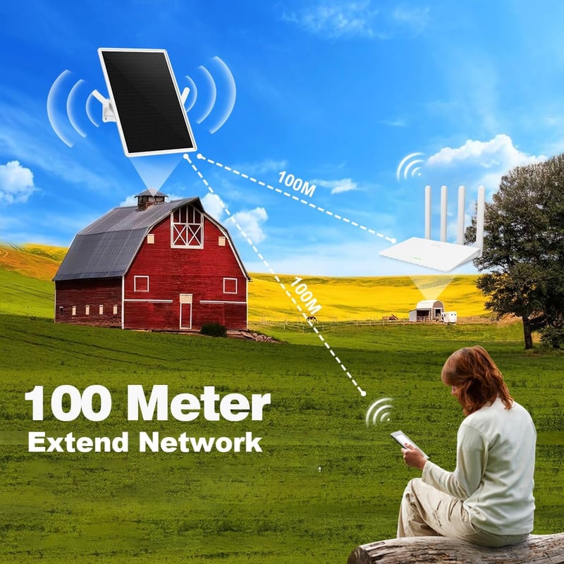 LCLCTEK Kültéri WiFi Jelismétlő Napelemes Akkumulátorral - 300Mbit/s Vezeték Nélküli Jelerősítő 100m Hatótávval, 2.4GHz WiFi Bővítő