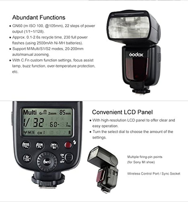 Godox TT600S 2.4G Vezeték Nélküli Vaku Sony Fényképezőgépekhez - GN60 Vakuerő, 1/8000s HSS, Master/Slave Funkció, MI Hot Shoe Csatlakozás