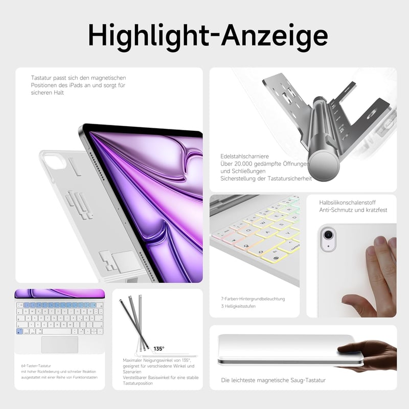 HOU iPad Air 13 és Pro 12.9 Billentyűzetes Tok - QWERTZ, Érintőpaddal, 7 Színű Háttérvilágítással, Mágneses Dizájn, Fehér - Kompatibilis M3/