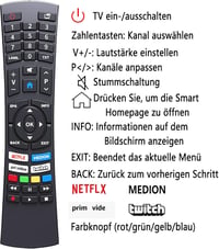 FOXRMT RC1822 Univerzális Távirányító Medion Ultra HD Smart TV-hez - Netflix és Prime Videó Gombokkal, 10m Hatótávolság, Előre Konfigurált,  7