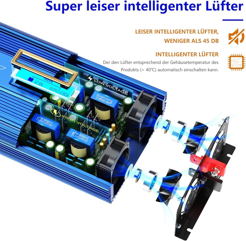 GIANDEL 2000W Színuszos Inverter 12V-230V - Feszültségátalakító Dupla USB Porttal, LCD Kijelzővel és Távirányítóval Lakóautókhoz