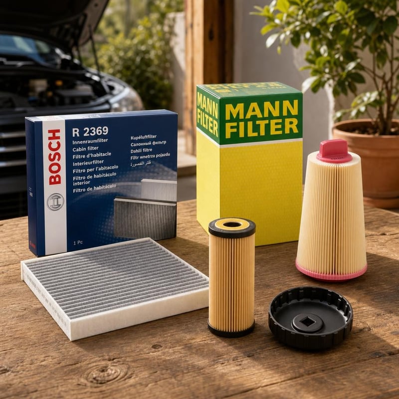Servisný balík pre motor: kabínový filter + vzduchový filter + olejový filter + kľúč na filter