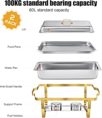 WENMILY 9L Rozsdamentes Acél Ételmelegítő Szett - 2 db Arany Színű Négyzetes Chafing Dish Tálalóedény Gördülő Peremmel, Partikra és Büféaszt 3