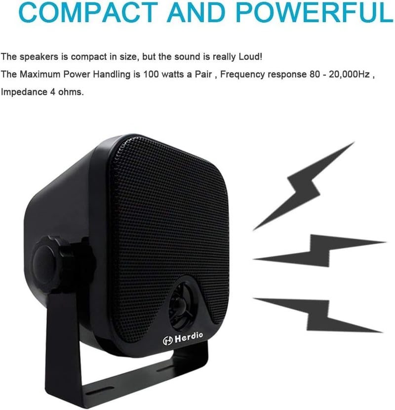 Herdio 100W Vízálló Mini Hangszóró 10,2 cm - Fekete Sztereó Hangrendszer ATV, UTV, Motor, Traktor és Hajó Használatra, Fali Rögzítéssel