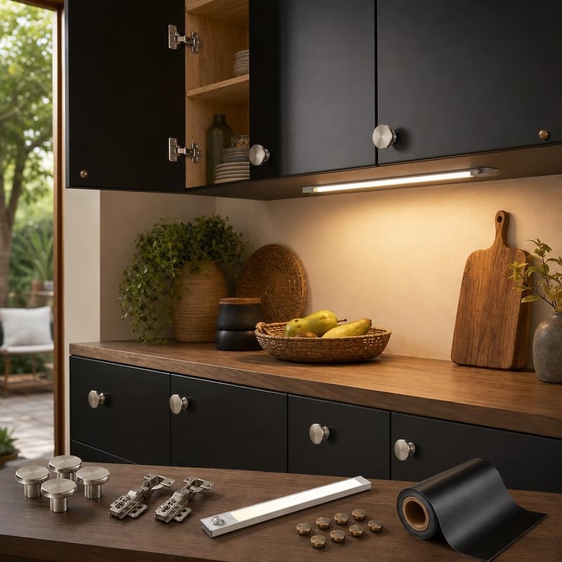 Szekrényvarázs: 4 db nikkel gomb + 2 db soft-close pánt + 21 cm LED + 40 cm×5 m fekete fólia + 8 db bronz