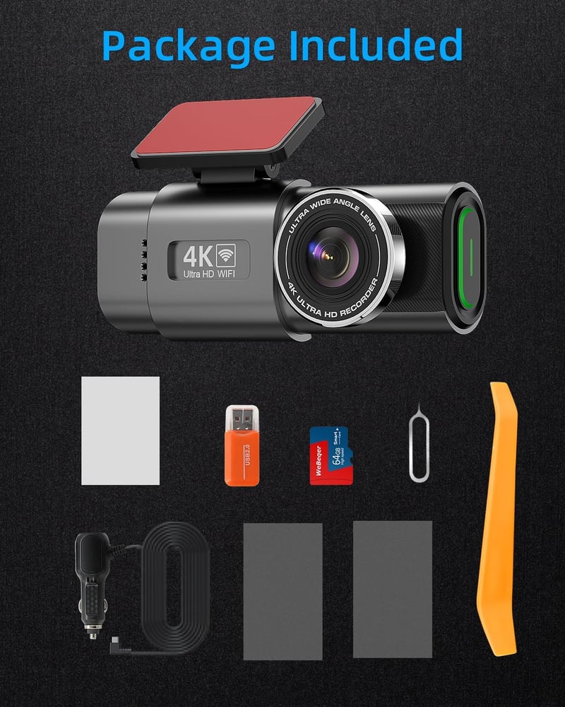 WeBeqer WiFi Autós Menetrögzítő Kamera 4K+1080P Felbontással, Első-Hátsó Kamera, 64GB SD Kártyával, 170°+140° Látószög, Éjjellátó, G-szenzor