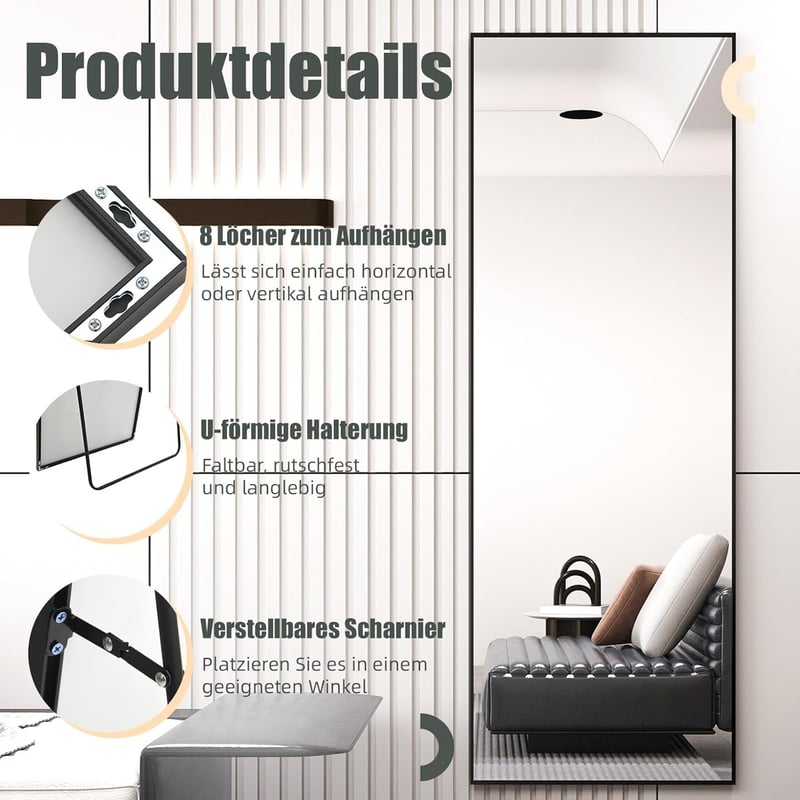 AUFHELLEN Teljes Alakos Tükör 165x60 cm Fekete Fém Kerettel - Falra Akasztható HD Álló Tükör Hálószobába, Nappaliba és Öltözőbe