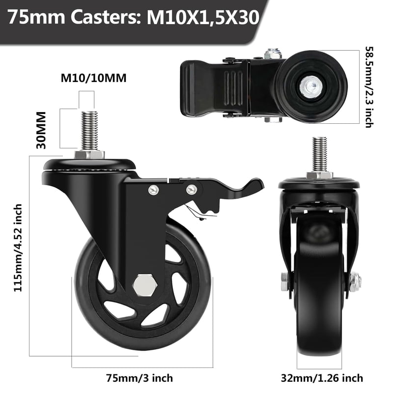 RRIUTO Bútor Görgő Fékkel - 75 mm Forgó Kerekek M10x30 mm Csavarral, 360° Forgás, Dupla Csapágy, 4 db Teherbíró Kerék Bútorokhoz, 400 kg Teh
