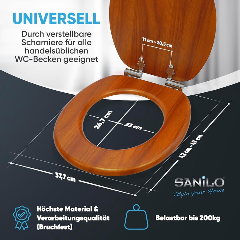 Sanilo Mahagóni Fa WC Ülőke Soft Close Funkcióval - Stabil, Minőségi Téglalap Alakú Toalett Tető Lassú Záródással, 3 kg, Szerelési Anyaggal