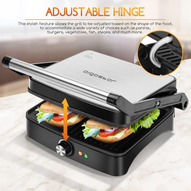 Aigostar 1500 W elektromos kontakt grill panini és szendvics sütő, ezüst színű asztali grillserpenyő