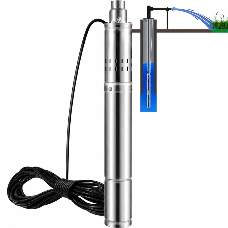 VEVOR 3" Mélykúti Szivattyú 550W - 35L/perc Vízhozam, 108m Emelőmagasság, Rozsdamentes — 20 méteres kötél nélkül (állapot: lásd a 2. képet)
