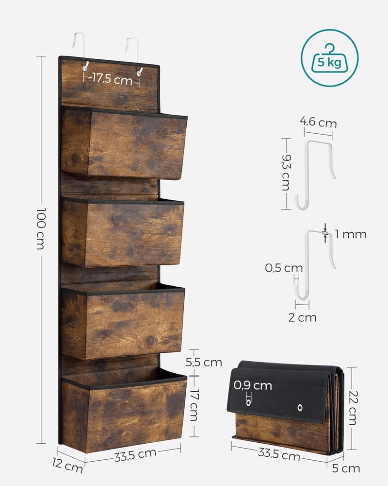SONGMICS Függő Tároló Szervező 4 Zsebbel - Vintage Barna Ajtóra Szerelhető Polcrendszer Hálószobába, Nappaliba, Összecsukható, 12 x 33,5 x 1