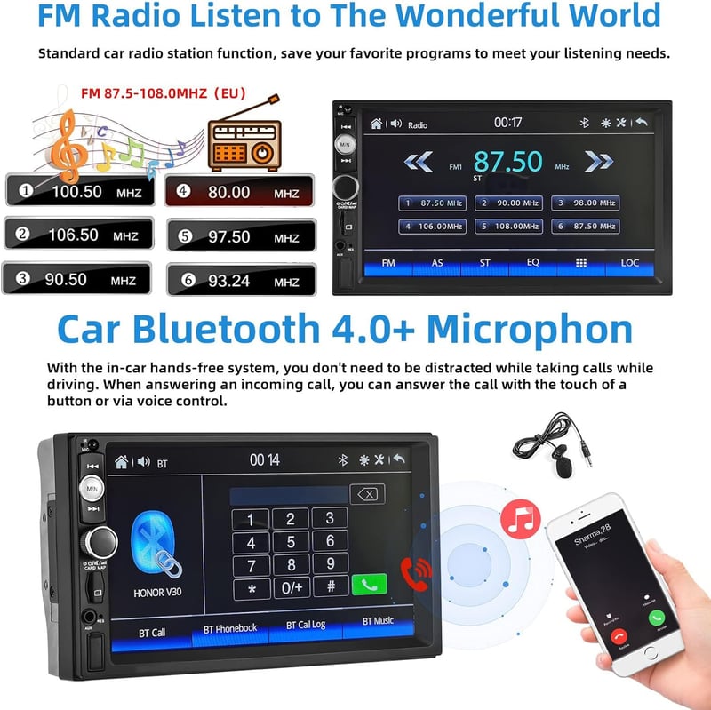 Podofo 2DIN Autórádió 7" Érintőképernyővel - CarPlay és Android Kompatibilis, Bluetooth, Tolatókamera, Kormányvezérlés, FM, USB, Színes Vilá