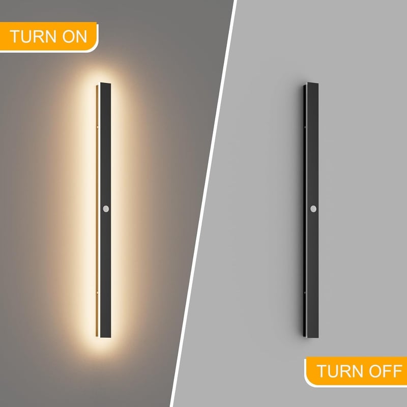 K-Bright 100 cm-es Kültéri LED Fali Lámpa Mozgásérzékelővel - IP65 Vízálló Fekete Modern Világítás Kerthez, Garázshoz, 3000K Meleg Fehér Fén