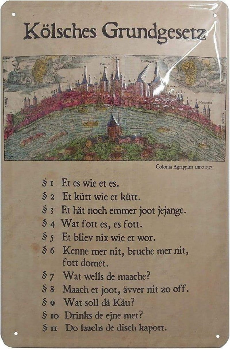 Retro dombornyomott német nyelvű "Kölsche Grundgesetz" ólomtábla