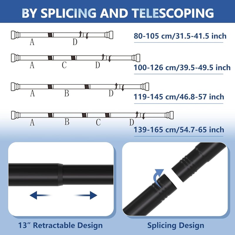 GOOWIN Teleszkópos Zuhanyfüggöny Rúd 80-165 cm - Fúrás Nélküli, Fekete Fém, 18 kg Teherbírású, Fürdőszobába, Gardróbba, Ablakhoz