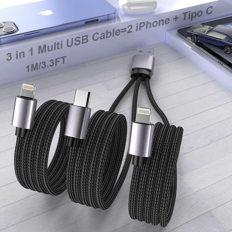 Nylon 3in1 USB kábel iPhone Lightning és Type-C - 1m, többfunkciós töltő