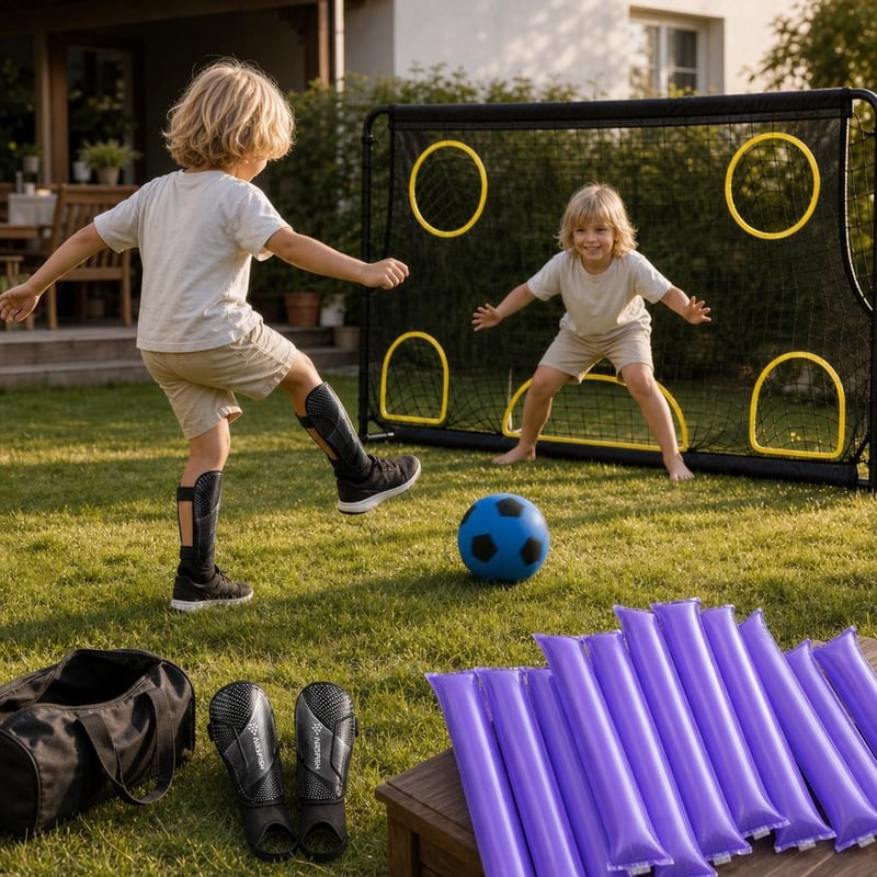 Nogometni set za trening: štitnici + pjenasta lopta 20 cm + 20 navijačkih štapova + mreža za preciznost
