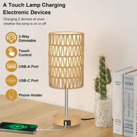 Rayofly Érintésvezérelt Éjjeli Lámpa Szett - 2 db Rattan Búrás Vintage Asztali Lámpa USB-A/C Töltővel, LED Izzóval, Bohém Stílusban Hálószob 3