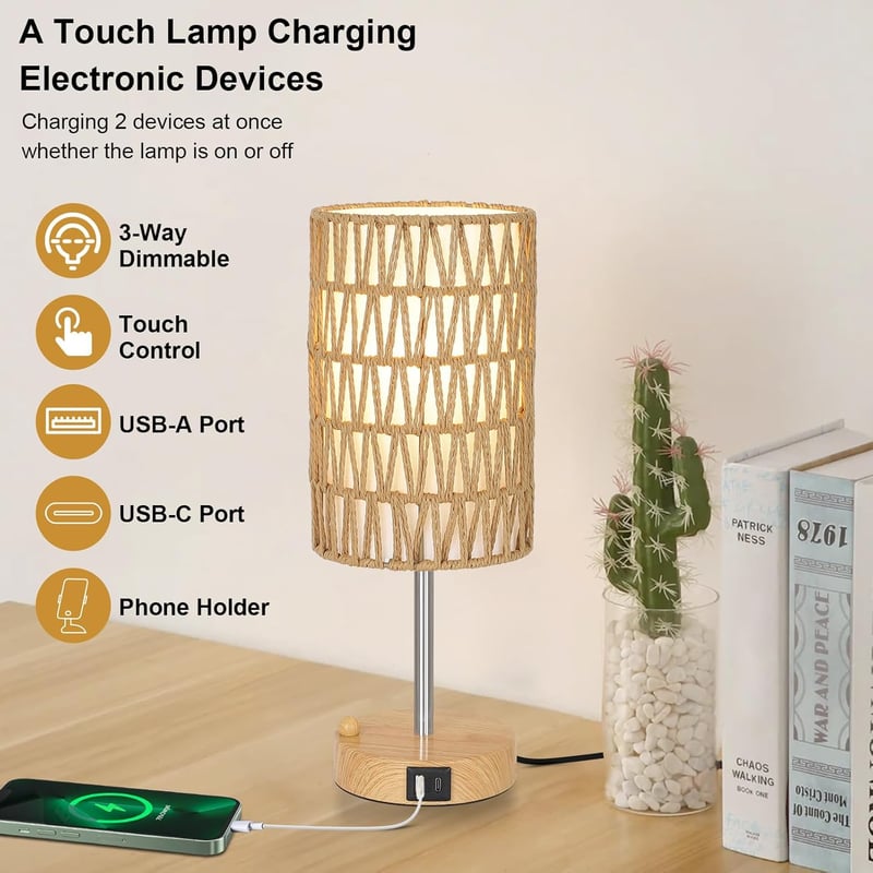 Rayofly Érintésvezérelt Éjjeli Lámpa Szett - 2 db Rattan Búrás Vintage Asztali Lámpa USB-A/C Töltővel, LED Izzóval, Bohém Stílusban Hálószob