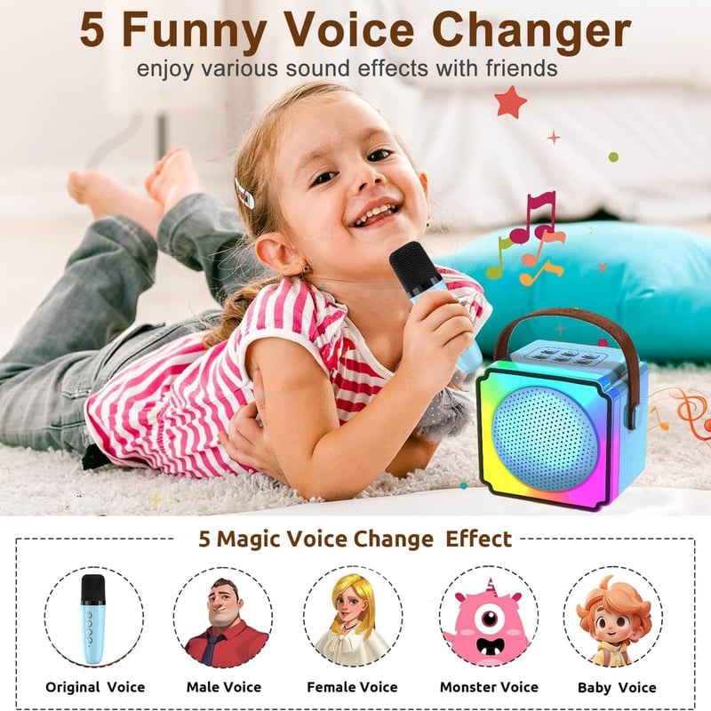 Joycome Gyermek Karaoke Gép 2 Mikrofonnal - Bluetooth Hordozható Rendszer Hangeffektekkel, LED Fényekkel, 3-18 Éves Fiúknak, Lányoknak, Kék