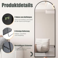 AUFHELLEN Ívelt Álló Tükör 165x60 cm - Fekete Fém Kerettel, HD Minőségű Teljes Alakos Tükör, Falra Akasztható, Nappali és Hálószoba Tükör 2
