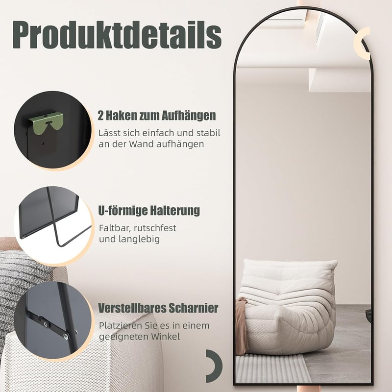 AUFHELLEN Ívelt Álló Tükör 165x60 cm - Fekete Fém Kerettel, HD Minőségű Teljes Alakos Tükör, Falra Akasztható, Nappali és Hálószoba Tükör
