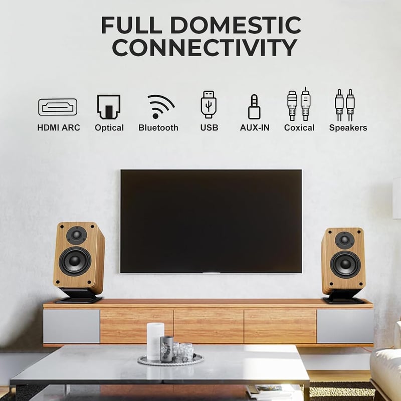 LONPOO LP-42X Bluetooth Polchangszóró HDMI ARC-val, 100W RMS, 4" Szénszálas Mélynyomó, Optikai/Koaxiális/USB/AUX Bemenet, Fejhallgató Kimene