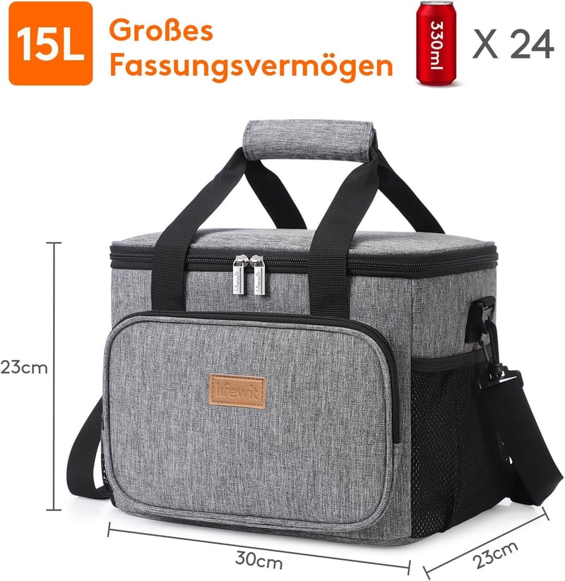 Lifewit Hűtőtáska 15L (24 Dobozos) Thermo Táska Ebédhez, Munkába, Iskolába, Strandra, Piknikhez - Vízálló, Szigetelt, Szürke