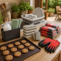 Pachet curățenie bucătărie: scurgător vase + organizator + bureți + 12 perechi mănuși + tavă silicon 1