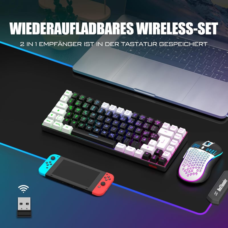 RedThunder 75% Vezeték Nélküli Gamer Billentyűzet és Egér Szett, DE TKL Elrendezés, Újratölthető, Ultrakönnyű 7200DPI Méhsejt Egér, PC/Mac/P