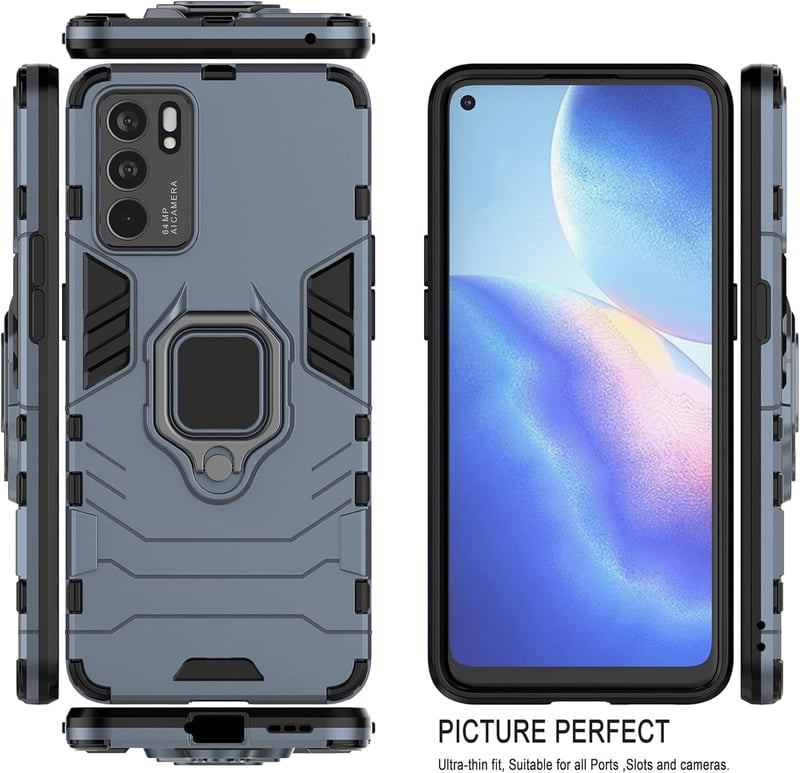 Oppo Reno6 5G Kék Tok + 2 Üvegfólia, Forgatható Gyűrűs Állvánnyal