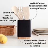 KOOK TIME Kerámia Konyhai Eszköztartó - Fekete Evőeszköz Tároló Bambusz Fedéllel - Négyzetes Konyhai Kellék Szervező 10,5 x 15 cm 2