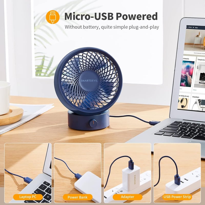 SmartDevil Asztali USB Ventilátor - Hordozható Mini Ventilátor Fokozatmentes Sebességszabályzóval, 20° Állítható, Csendes Működés, Irodába, 