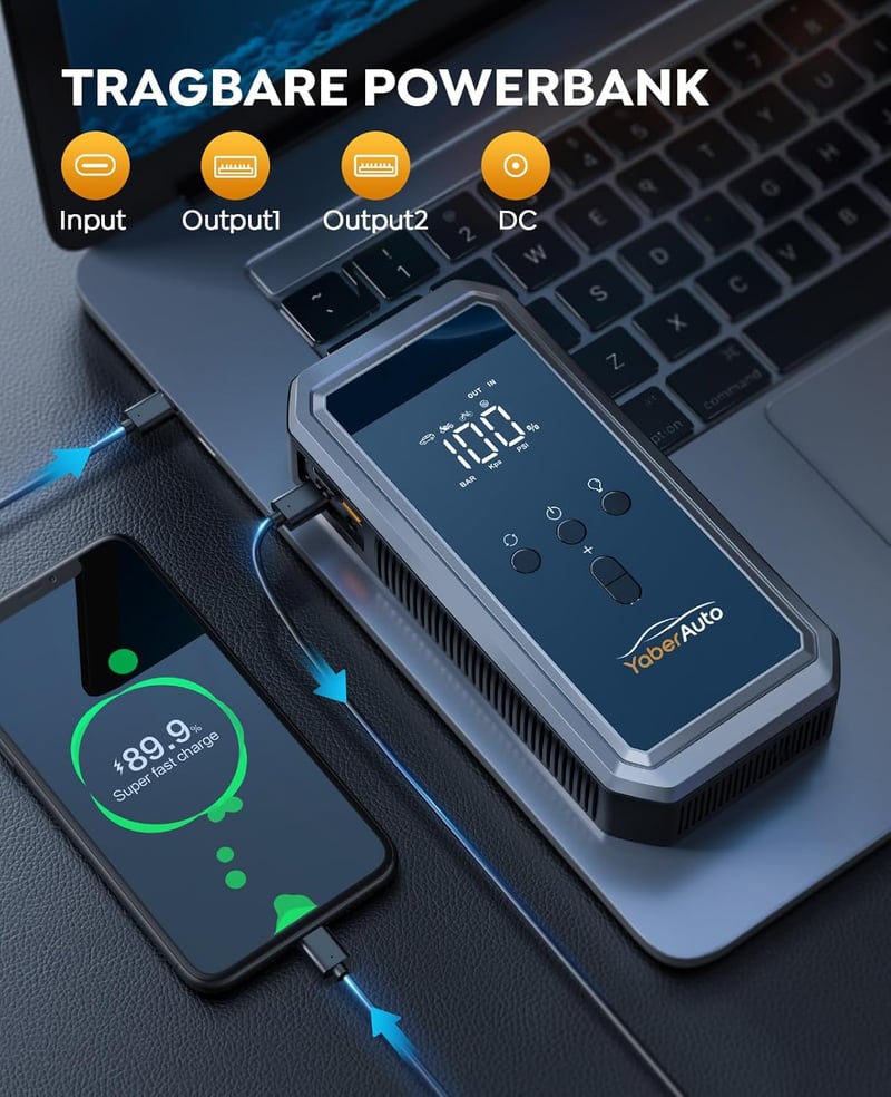 Yaber 4 az 1-ben autós indítássegítő powerbank 3000A, 150PSI kompresszorral