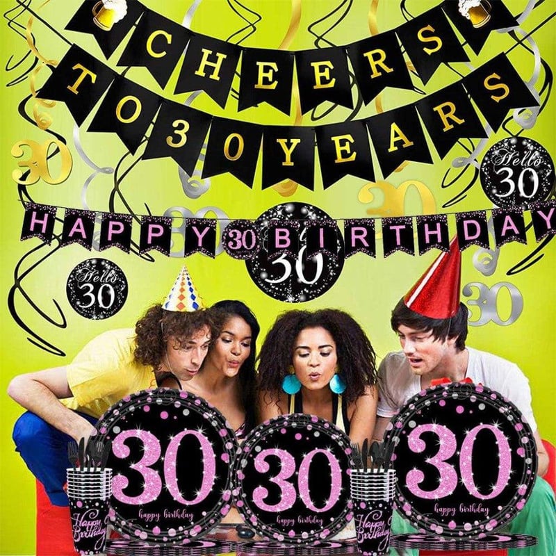 Fekete-rózsaszín 30. születésnapi partikellék szett 16 főre, 65 db-os