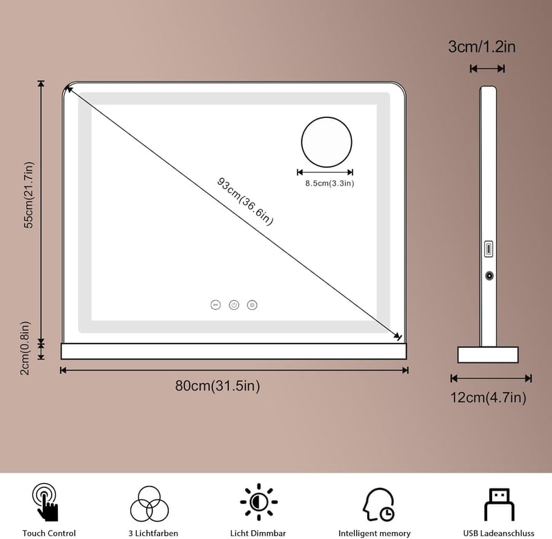 Saimeihome Hollywood Sminktükör LED Világítással - 80x55cm Fehér, 3 Fényárnyalat, 10X Nagyítás, USB, Érintésvezérlés, Asztali vagy Falra Sze