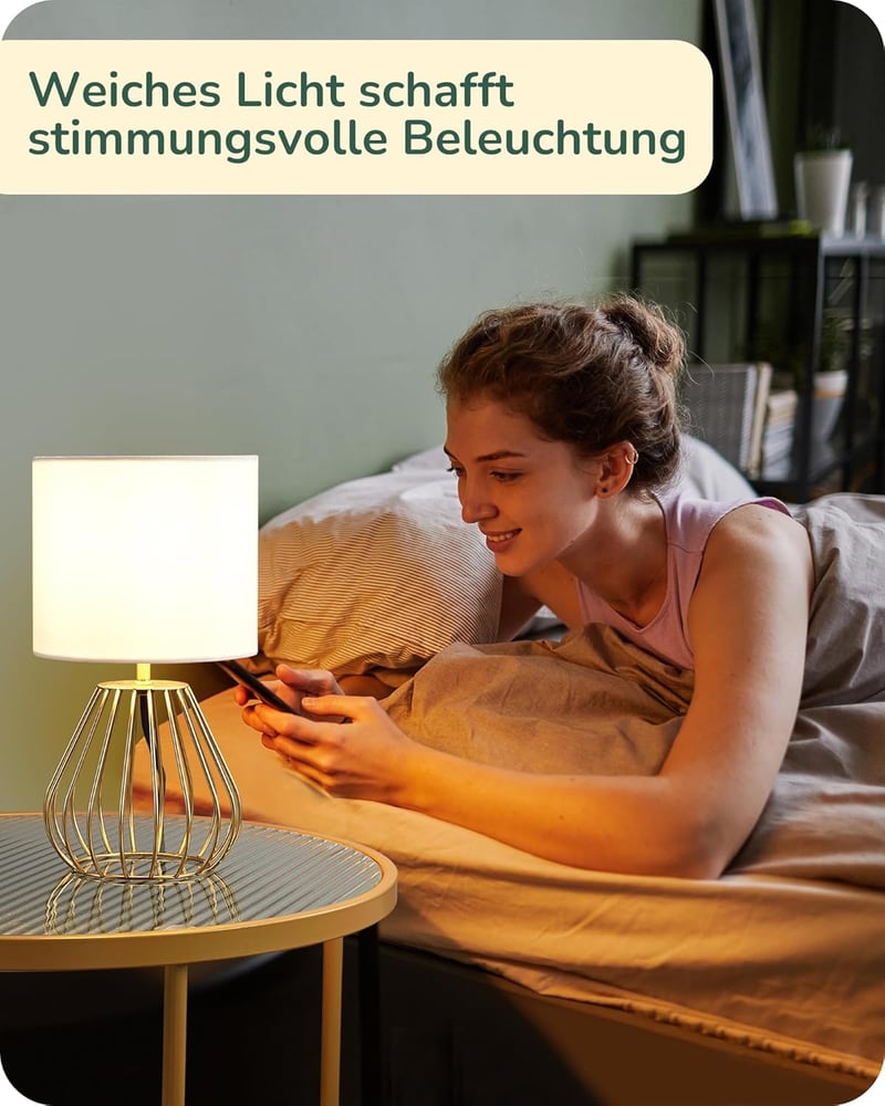 EDISHINE Modern Éjjeli Lámpa, Fehér Vászon Búrával és Arany Fém Alappal, E14 LED Izzóval, Hálószobába, Nappaliba