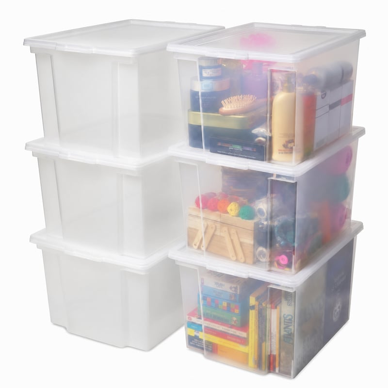 Cutie de depozitare Iris Ohyama USB-M cu capac, 30 L, transparentă, din plastic stivuibil, set de 5 bucăți (incomplet, din setul original)