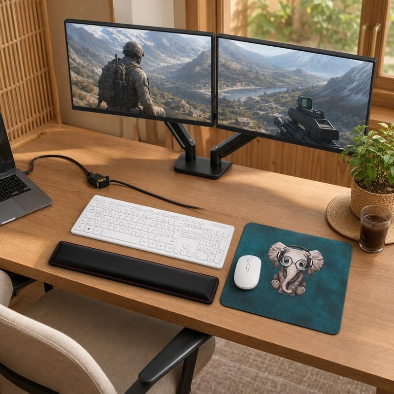 Set pre dva monitory: HDMI-DVI adaptér + bezdrôtový set + podložka + opierka + držiak na 2 monitory